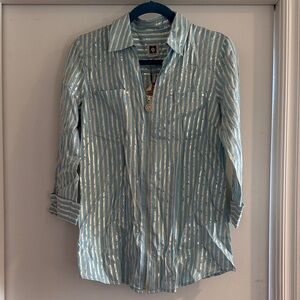 Anne Klein Blue and Gold Striped Button-Up Shirt NWT